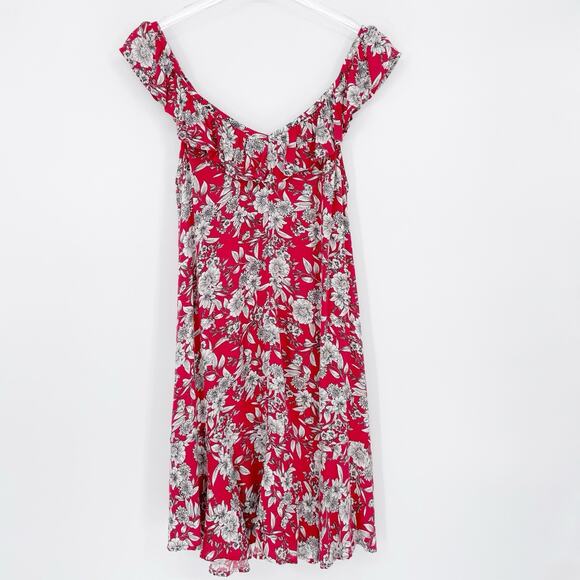 American Eagle Red Ruffle Hawaiian Lace Up Low Back Floral Sundress Small V Neck - Picture 9 of 9